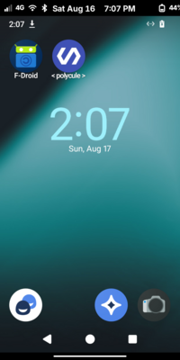 Waydroid emulator showing LineageOS Homescreen with F-Droid App Store and Polycule Matrix client