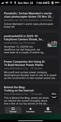 Read It Later, a Wallabag Client, showing articles