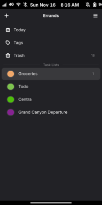 Screenshot showing Errands, a simple task manager that integrates with CalDAV