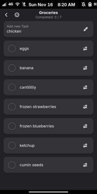 Screenshot showing a shopping list in the Errands task app