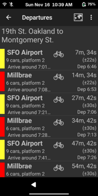 BartRunner, an Android application showing train schedules, running standalone in the Waydroid emulator