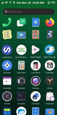Phosh Home page after unlocking the phone for the first time, with Favorite Applications along the top